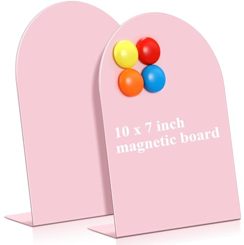 Shimeyao 2 Pcs Pink Magnetic Bulletin Board for Tabletops with 8 Magnets 10x7 Inch Memo Display Easel Stand for Home Office School Kitchen Table Supplies (Arched)