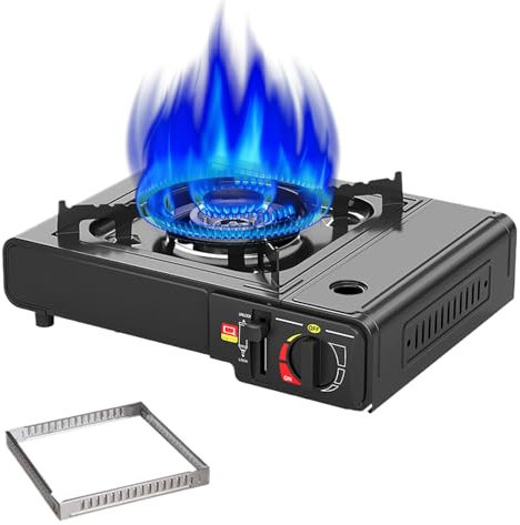camping gases portatil, 34x26cm pequeño hornillo camping gases con Parrilla, 3500W Quemador Potente Y Robusto, Regulación Multinivel De Llama, Encendido Automático Para Senderismo Escalada