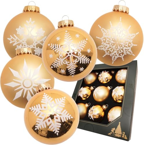 Krebs Glas Lauscha - Weihnachtsdekoration/Christbaumschmuck aus Glas - Weihnachtskugeln Glanz/Seidenmatt - Farbe: Gold - 9 Stück - Größe: ca. 8 cm