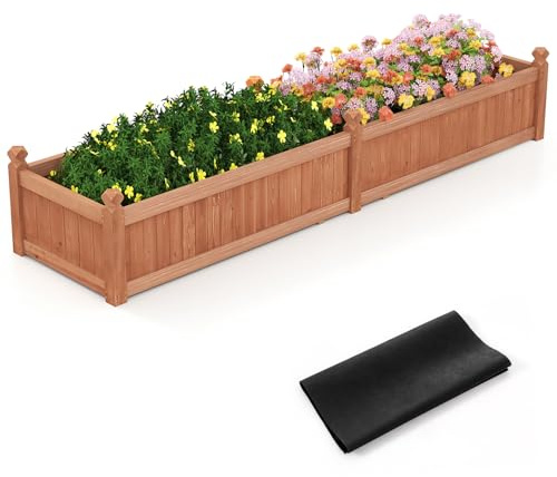 GOPLUS Jardinieres Exterieur Carré en Bois de Sapin avec 2 Compartiments, 227 x 59,5 x 40 CM, Jardiniere Balcon avec Fond Amovible, Couche en Tissu et 8 Trous de Drainage, pour Fleur, Légume (Café)