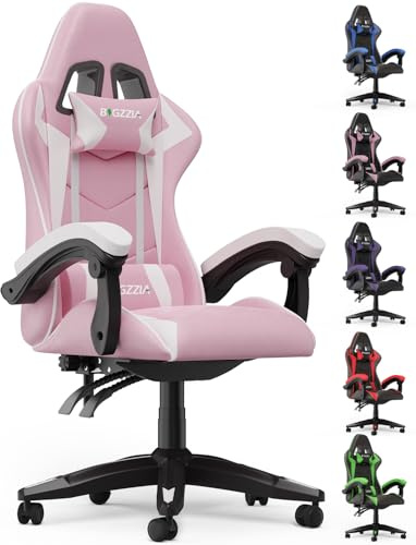 Bigzzia Gaming Stuhl Gaming Sessel, 90-135° Rückenlehne, Gaming Chair Rosa | Gaming Sessel mit Lendenkissen und Kopfstütze, höhenverstellbar, PC Stuhl für Erwachsene, Mädchen und Jungen, aus PU-Leder