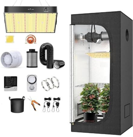 JUNG Grow Box Komplettset Anbau Set mit LED Vollspektrum Grow Lampe Dimmbar, 120x120x200 cm, mit Ventilator, Abluft Aktivkohlefilter, Growzelt Anzucht Gewächshaus, Grow Tent Complete Set, Growtent