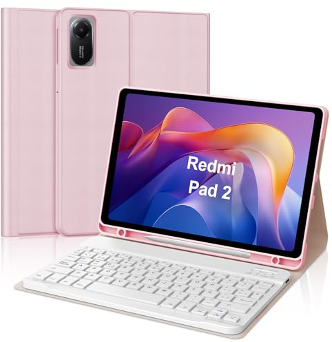 IVEOPPE Teclado para Xiaomi Redmi Pad 2/Redmi Pad SE 11 Pulgada, Funda Keyboard Bluetooth QWERTY Español Ñ Magnético Desmontable con Portalápices, Rosa Claro