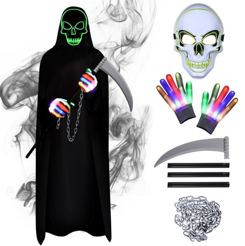 Aragallant Costumi Halloween, Mantello con Cappuccio Halloween, Morte Costume di Halloween con Falce, Maschera Scheletrica Luminescente, Guanti Luminescenti e Catena, Cosplay Carnevale Feste Costumes
