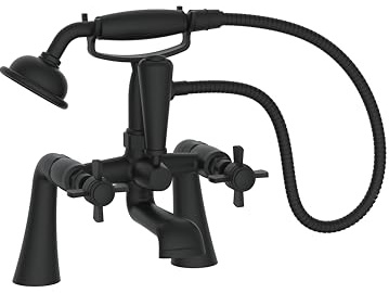VeeBath Ripple Traditional Telephone Bath Shower Mixer Tap with Kit – Matt Black Finish, Dual Lever Control, G3/4 Inlet, Bath Sink Tap with Shower Attachment, Victorian Style Bathroom Tap