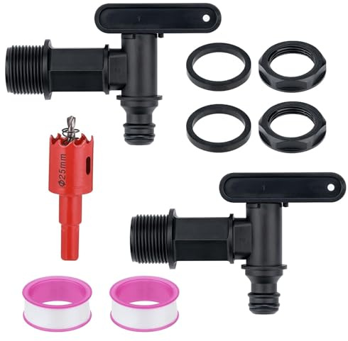 Auslaufhahn für Regentonne 2 Stück Wasserhahn für Regentonne mit Dichtung und Lochöffner 3/4 Zoll Regenfass Adapter Regentonnenhähne für Regenwassertonne Wassertank Regenfass (Schwarz)