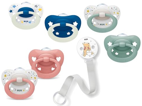 NUK Baby Schnuller-Set: Signature Silikon Schnuller Gr.1 (Blau 4er + Rosa 2er) + Schnullerband mit Disney Winnie the Pooh Motiv – BPA-frei, sicher & praktisch, ab Geburt