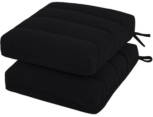 PRIMEPATIO Sitzkissen für Esszimmerstühle, 8 cm dick, überfüllt, strukturiert, Schaumstoffkissen mit Bändern und rutschfest, Sitzpolster für Küche, Garten, 50 x 50 cm, Schwarz, 2 Stück