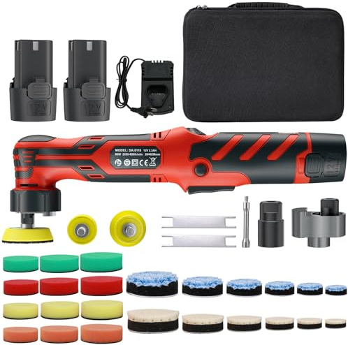 Polisseuse Sans Fil Professionnelle, 12V Polisseur Voiture avec 2 Batteries, 11 vitesses variables, 2500-6000 RPM, Plaque de Polissage Remplaçable 2''/1.2''/1'',pour Polir, Cirer et Nettoyer (Rouge)