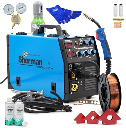 Kit de soldadura Sherman Dualmig 210 S4 - MIG/MAG sin gas, TIG Lift & MMA, 200A con botella de gas y alambre, preciso y seguro para trabajos de taller - Bestschweissen.de