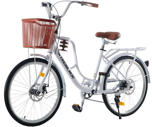 BSTSEL 24/26 Inch Wheels Vintage bike for Girl City Classic Bicycle, Retro Bicycle With 7 Speed Gears, Dual Disc Brakes, Rack And Front Basket Formal Road Bike for Woman Commute (26 inch White)