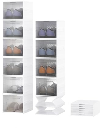 Furnestorica Faltbare Schuhboxen 12er Set, Stapelbar & Platzsparend, Transparente Klapptür, Stabiler Kunststoff Schuhregal, Ohne Montage, Für Sneaker bis Größe 46, Weiß