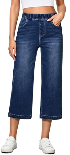 Vetinee Jean pour femme - Pantalon baggy à jambes larges avec élastique - Taille haute - Stretch