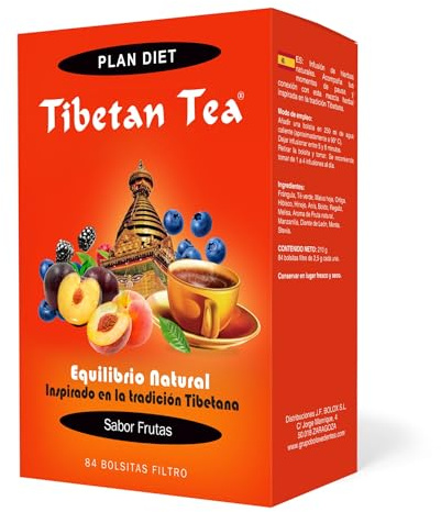 Tibetan Tea Sabor Frutas - Infusión de Hierbas - 84 bolsitas. Té Verde Tibetano, Escaramujo, Laurel, Tila, Lemongras, Ortiga Verde, Hierba Buena