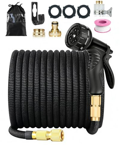 Expandable Garden Hose Pipe 100FT/30M, Flexible Water Hose with 10-Pattern Spray Nozzle, 1/2 & 3/4 Connectors, 4-Layer Latex Core for Garden Watering, Car Washing & Outdoor Cleaning, Black