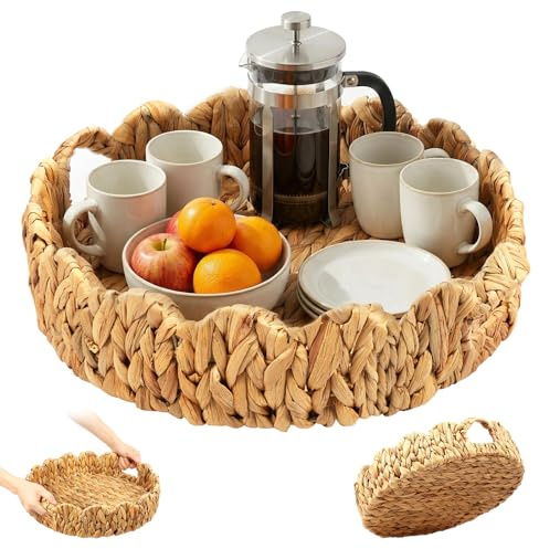 40cm Scalloped Tray, Large Water Hyacinth Woven Serving Tray with Handles, Round Scalloped Basket for Coffee Table Decor, Kitchen Island, Bathroom Countertop, and Bedroom