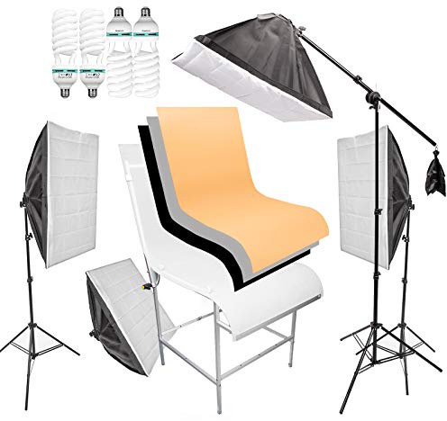 Softbox Kit Eclairage Photo Studio avec 4x150W Ampoule 5500K, Softbox, Support de Lumière, Bras Girafe, Single Clamp, Shooting Table 60x130cm pour Portrait Produit Tournage Youtube
