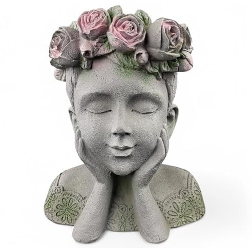 GMMH Schwere Gartenfigur, Gartenstatue mit Blumentopf (630-11) Römische Skulptur Steinfigur Steinbüste Dekofigur Griechische Statue aus Steinguss für Außenbereich, Wetterfest Gartendekoration