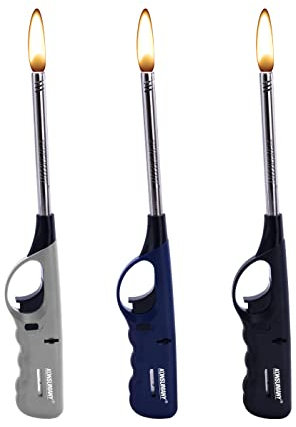 KONSUMANY 3 Stück Stabfeuerzeug Gas Feuerzeug 27 cm Lang Nachfüllbar (Grau, Blau, Schwarz)