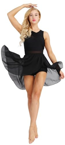 iEFiEL Damen Lyrisches Tanzkleid Mit Asymmetrisch Rock Ballettkleid Wickelrock Tango Latein Kleider Leotard Ballettanzug Trikot Tanz-Body Gr. Xs S M L XL Schwarz S