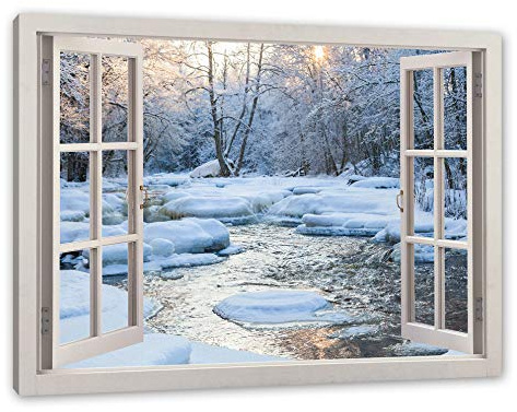 Pixxprint Bach in Winterlandschaft, Fenster, Größe: 120x80cm, Leinwandbild, fertig gespannt, Wandbild, Dekoration, Kunstdruck, kein Poster