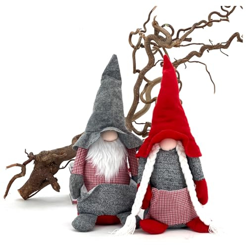heimtexland ® Deko Wichtel Weihnachten mit Bauchtasche zum Befüllen 35 cm Türstopper Nikolaus Geschenk Dekoration Vichy Karo Grau Typ711