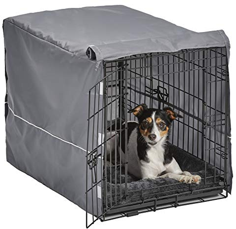 Hundebox-Set, 76 cm, mit Hundebox mit zwei Türen, passendes graues Bett und Boxenabdeckung, für mittelgroße Rassen