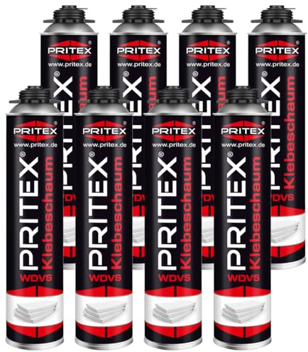 PRITEX – WDVS Klebeschaum 8 x 750 ml zum Isolieren, Fixieren & Befestigen – Dämmstoffkleber mit sehr guter Haftung, niedrigem Aushärtedruck & geringer Nachdehnung – Bauschaum für Montagepistole