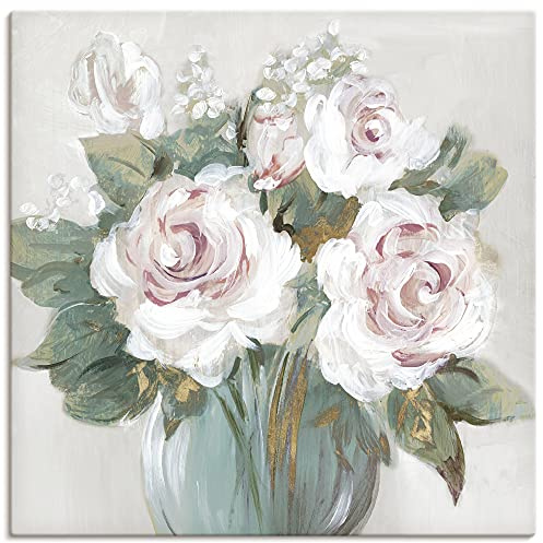 ARTLAND Wanddeko Leinwand Bilder Wandbild 50x50 cm Gemälde Vase Blumen Rose Blüten Blumenstrauß Boho Shabby Chic U2RY