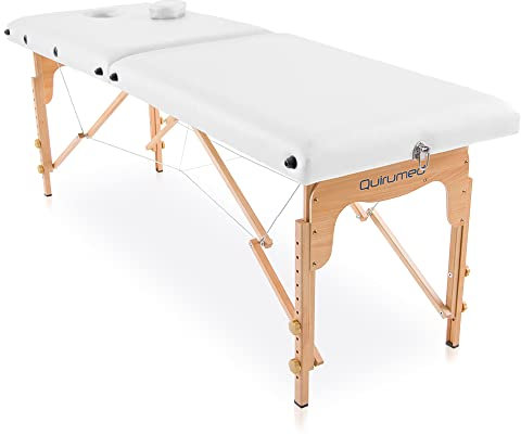 QUIRUMED Lettino da Massaggio Pieghevole in Legno, 180 x 60 cm, Portatile per Fisioterapia, Estetica, SPA, Bianco, Capacità 120 kg