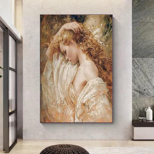 Yinaa Leinwand Wandkunst Blonde Frau Porträt Gemälde Französische Romantik Leinwanddruck Bilder für Wohnzimmer Wohnkultur 30x40cmx1pcs rahmenlos