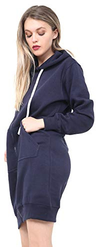 Lång huvtröja för kvinnor dragkedja fleece långa ärmar damer fleece lång casual huvtröjor sweatshirts jumper fleece topp cardigan kappa, Lång huvtröja marinblå, 50-52