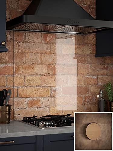 Generic Glass Kitchen Splashback with Copper Caps, 600mm x, Clear Glass | Includes pre-drilled holes and full fixing kit plus a 5-year guarantee; heat-resistant to protect wallpaper or brick.