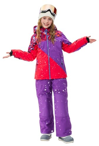 SMONTY Tuta da Neve per ragazza Giacca da Sci Invernale e Pantaloni Cinghie con Cappuccio Set Antivento Impermeabile Caldo(Rosso Viola Colorato Rosso, 14-16)