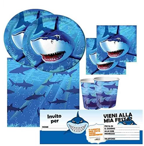 Kit n.9 Squali Shark Splash coordinato festa compleanno per 24 persone con inviti stoviglie ideali per feste a tema compleanno bambini mare oceano animali marini