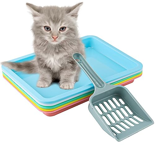 Lot de 5 bacs à litière pour chaton, 24,5 x 18,5 x 2,5 cm, petite litière pour chat avec spatule à litière, bac à litière peu profond en plastique, bac à litière portable pour chats d'intérieur (5