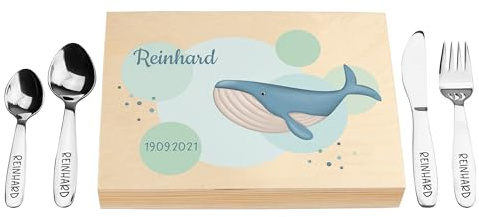 LAUBLUST Kinderbesteck mit Namensgravur - Wal Motiv UV-Druck & Geschenkbox natur | Besteck mit Namen - Geschenk zur Taufe für Kinder - Taufgeschenke für Jungen & Mädchen | Edelstahl - inkl. Holzkiste