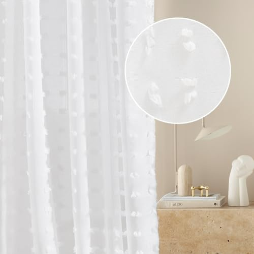 ROOM99 Gardine mit Ösen Casablanca 400 x 250 cm Breite x Höhe Wohnzimmer Transparent modern Vorhang Schal Wohnzimmer Schlafzimmer Weiß Pompons, 1 Stück