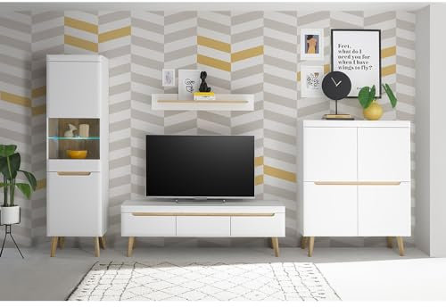 Lomadox Anbauwand in Weiß Matt mit Eiche, 4-teilig inkl. Beleuchtung, TV-Lowboard, Wandboard, Highboard, Standvitrine