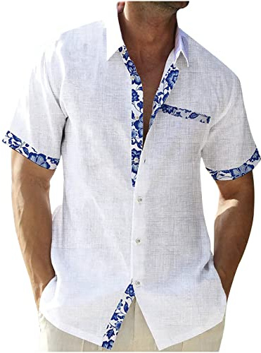 Men's Cotton Linen Short Sleeve Shirts UK Sale Clearance Floral/Plaid Printed Patchwork Button Down Hawaiian Shirts Summer Vacation Beach Shirts Lightweight Regular Fit Casual Tops