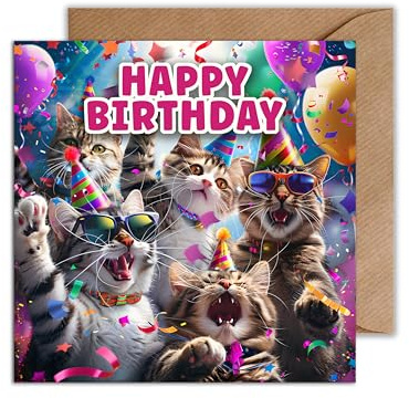 Lustige Katzen Geburtstagskarte Party Katzen - Witzige Karte zum Geburtstag Mädchen Junge Freunde Familie Kätzchen Geschenkkarte (125 x 125 mm)