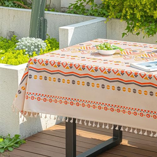 Qelus Outdoor Tischdecke Abwischbar, 140 * 200cm Rechteck Gartentischdecke, wasserdichte Tischtücher Boho mit Quasten, Garten Tischtuch Table Cloth für Außen und Innen Balkon Küche, Bunte A, 1 Stück