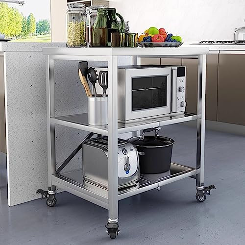 SNHHNSW Lagerwagen aus Edelstahl mit 3 Ebenen, faltbares Lagerregal mit Feststellrädern – Servierwagen mit Rollen, mobiles Allzweck-Organizer-Regal für Küche, Bad, Hotels und Restaurants