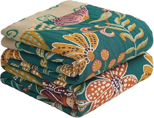 HOORDRY 100% Baumwolle Decke mit grünen Blumen 230x250 cm, Weiche und Atmungsaktive Tagesdecke aus Baumwollgaze, Bettüberwürfe und Sofadecke für Jede Jahreszeit