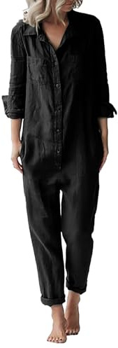 Generico Salopette Donna 𝐄stiva Jeans Tuta da Donna in Cotone e Lino, Casual, con Risvolto Ampio, Maniche Lunghe, Bottoni e Tuta Donna Elegante 𝐂urvy (Black, S)
