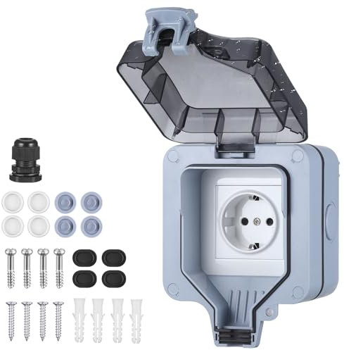 JIZZU Prise Exterieure Etanche IP66，Prise Electrique Exterieur avec Couvercle Anti-Poussière, Prise Voiture Electrique pour les Jardins，Salle de Bain et Cuisine Prise