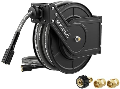 Giraffe Tools Pressure Washer Hose Reel with 60ft Replaceable Hose, Power Washer Retractable Hose Reel, Heavy Duty, Wall/Floor Mounted, 4000 PSI