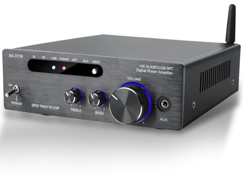 Hifi-Verstärker, 2000W Mini hifi Verstärker, 2.0-Kanal 100W*2 Bluetooth 5.3 TPA3116 Stereo-Audioverstärker, Digitale Endverstärker Soundverstärker,OPT/AUX/USB -Karteneingang, für Zuhause oder Auto
