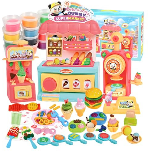 Polegas 55 PCS Color Dough Tools Set, Dough Accessories with Tools and Cutters, Ice Cream Maker Machine, Vending house, Burger Stamping Machine, Dough Ice Cream Set for Kids Age 3+