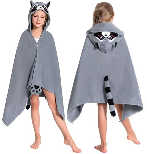 OLAOLA Toalla de Baño con Capucha para Niños, Toallas de Playa Microfibra Suave para Nadar Surfear, Poncho de Baño para Niños y Niñas de 3 a 12 Años (Mapache)